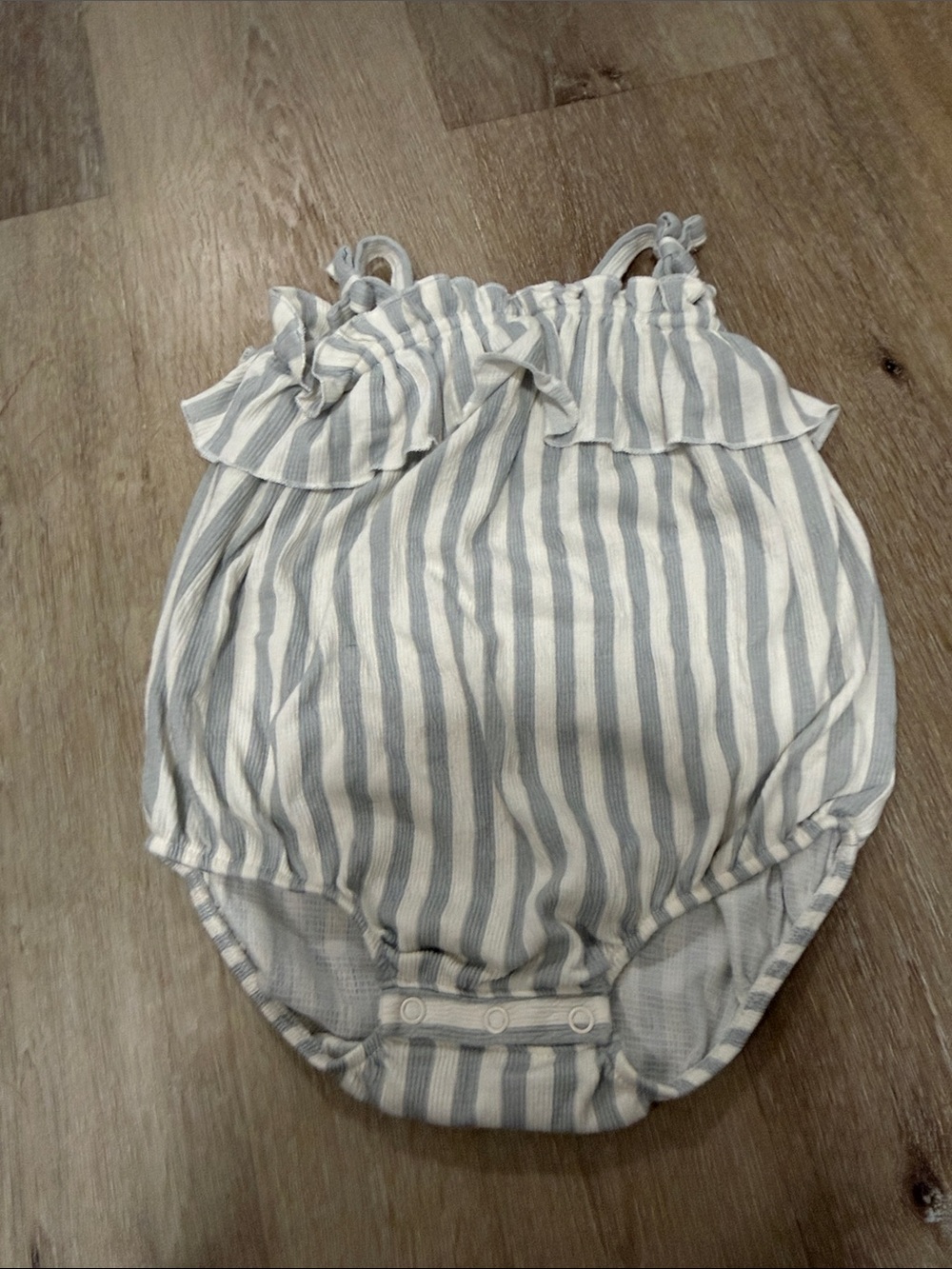 Little Co 9 Month Striped Blue & White Baby Romper with Ruffle Detail and Bows